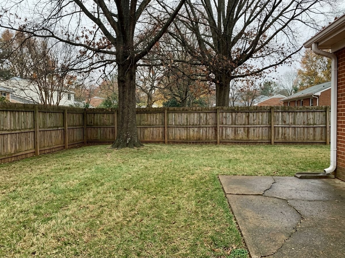 The same Lynchburg, VA backyard cleared to bare green lawn after leaf removal