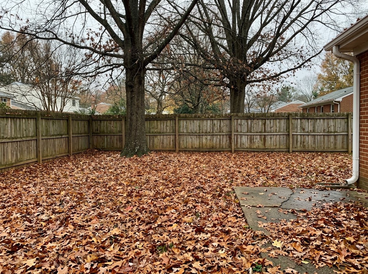 Fenced backyard in Lynchburg, VA completely covered in fallen leaves before cleanup