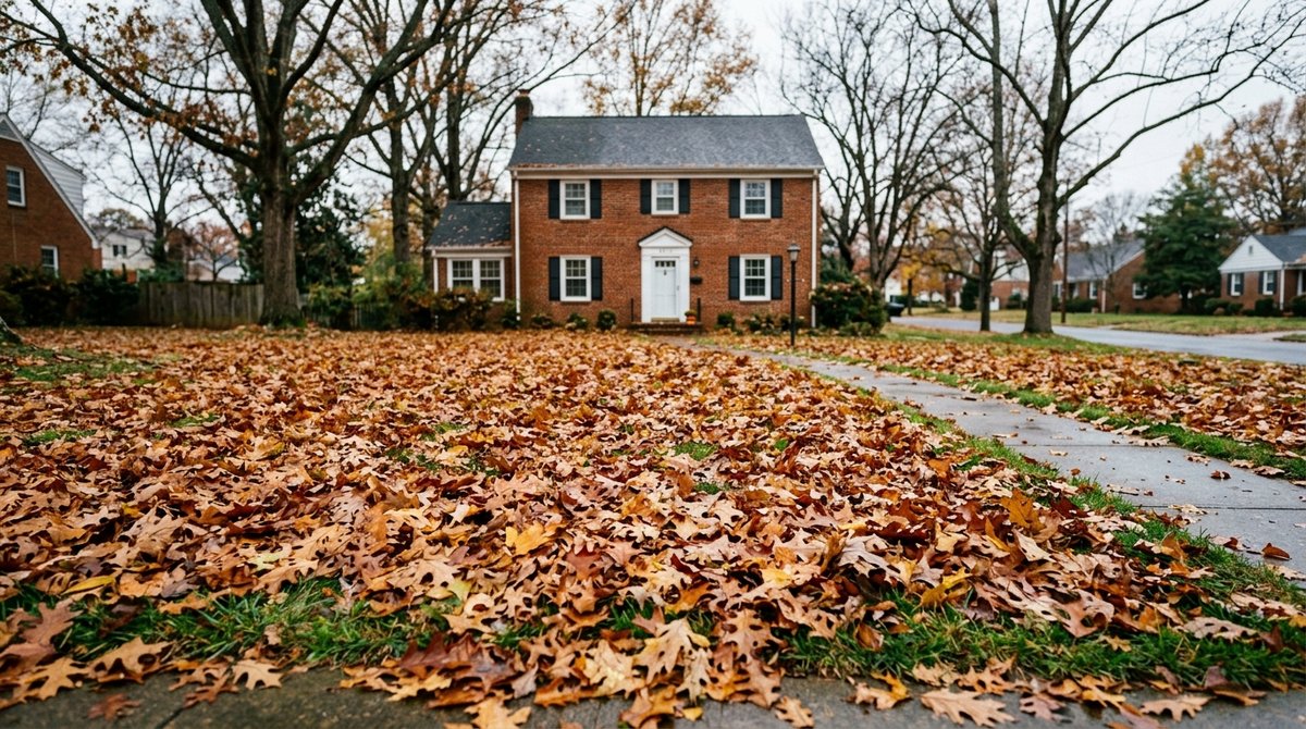 Front lawn of a brick home in Lynchburg, VA buried under fallen oak and maple leaves in late autumn