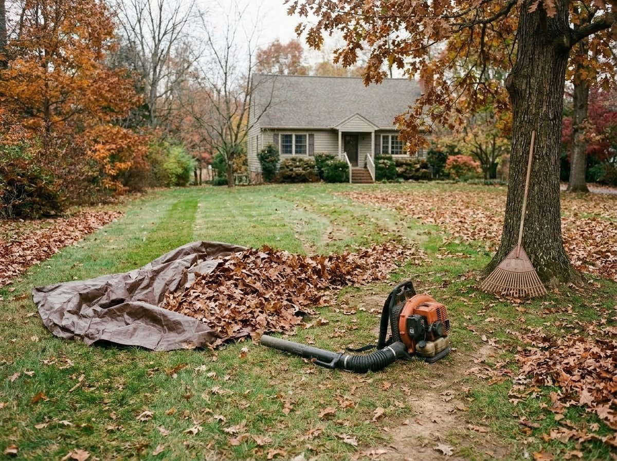 Leaf removal in progress on a Lynchburg, VA lawn with a loaded tarp and backpack blower