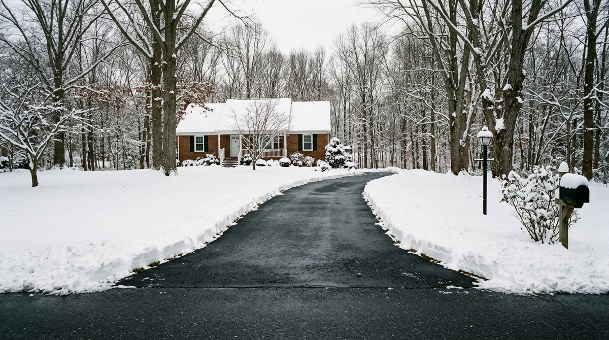 Residential driveway in Lynchburg, VA cleared end to end after a snowstorm, with snow banked along both sides