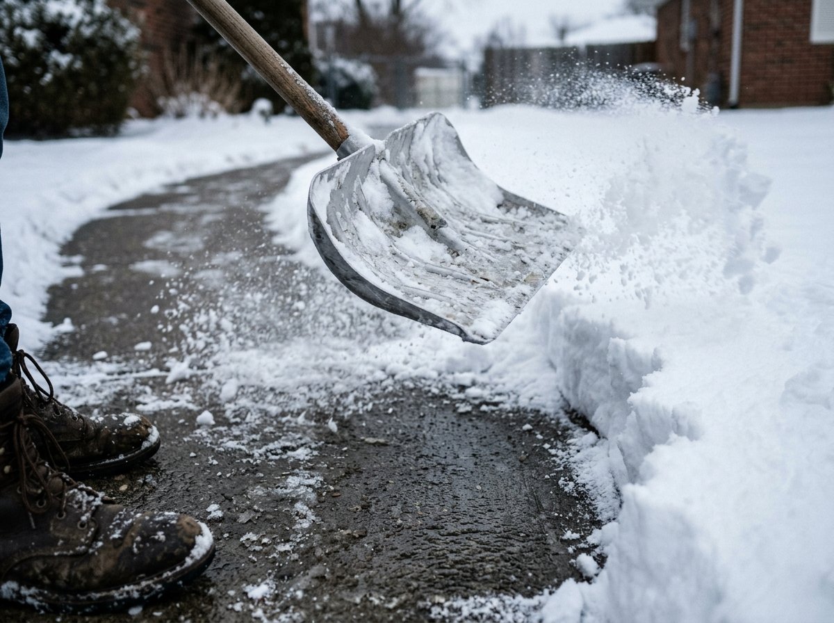 Snow being shovelled off a residential walkway down to bare concrete