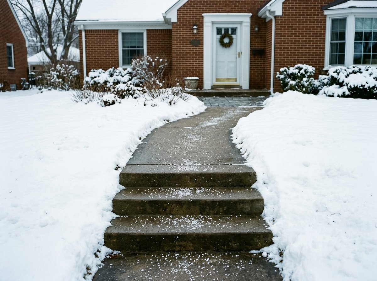 Front walkway and concrete steps cleared to bare surface with salt granules scattered across them